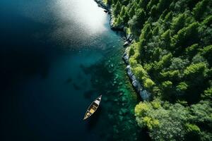 AI generated aerial view of mountain river people rafting in creek. extreme vitality photo