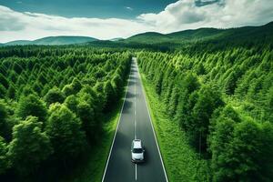 ai generado aéreo ver de un la carretera en el medio de el bosque foto