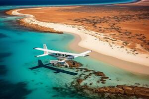 ai generado un hidroavión tomando apagado en azul Oceano playa con azul agua foto