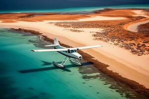 ai generado un hidroavión tomando apagado en azul Oceano playa con azul agua foto