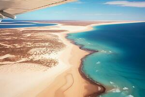 ai generado un hidroavión tomando apagado en azul Oceano playa con azul agua foto