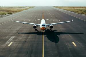 AI generated Airplane on the runway ready to take-off in the evening light photo