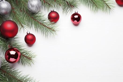 AI generated Fir tree branches with red christmas balls frame photo