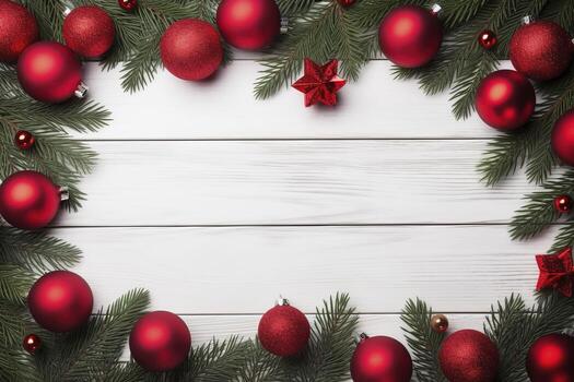 AI generated Fir tree branches with red christmas balls frame photo