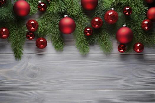 AI generated Fir tree branches with red christmas balls frame photo