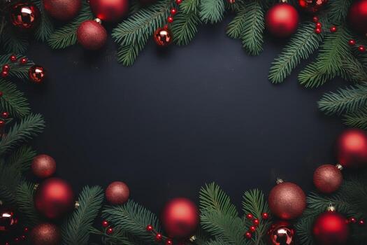 AI generated Fir tree branches with red christmas balls frame photo