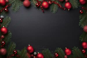 AI generated Fir tree branches with red christmas balls frame photo