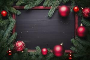 AI generated Fir tree branches with red christmas balls frame photo