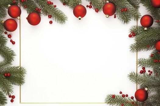 AI generated Fir tree branches with red christmas balls frame photo