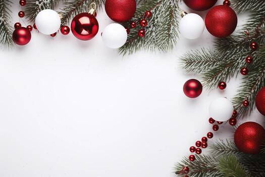 AI generated Fir tree branches with red christmas balls frame photo