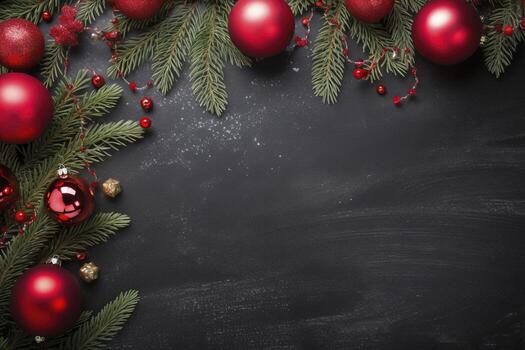 AI generated Fir tree branches with red christmas balls frame photo