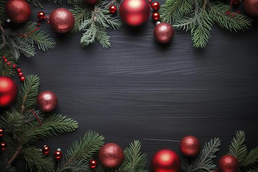 AI generated Fir tree branches with red christmas balls frame photo