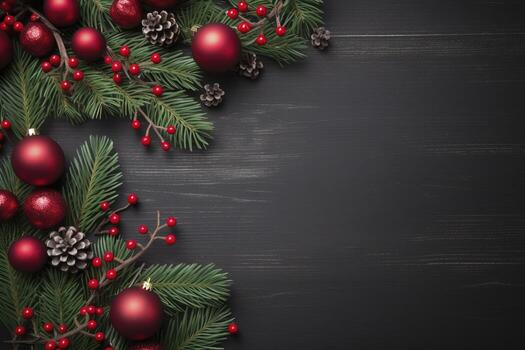 AI generated Fir tree branches with red christmas balls frame photo