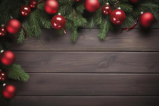 AI generated Fir tree branches with red christmas balls frame photo