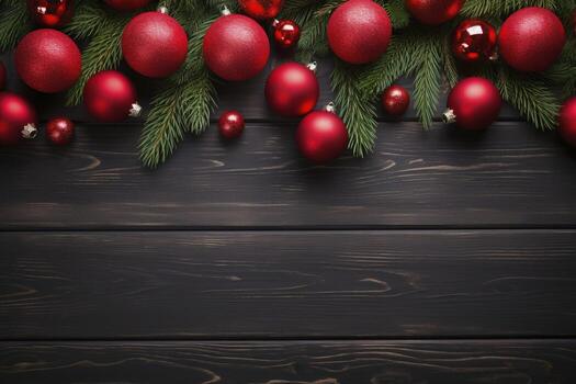 AI generated Fir tree branches with red christmas balls frame photo