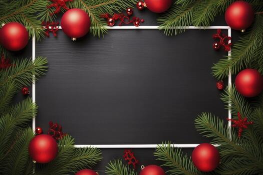 AI generated Fir tree branches with red christmas balls frame photo