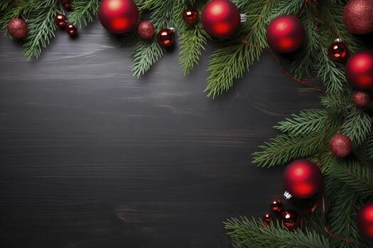AI generated Fir tree branches with red christmas balls frame photo