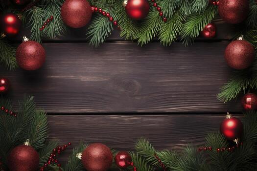 AI generated Fir tree branches with red christmas balls frame photo