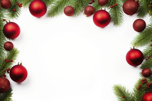 AI generated Fir tree branches with red christmas balls frame photo