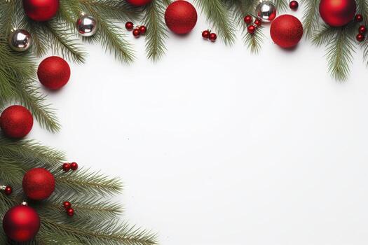 AI generated Fir tree branches with red christmas balls frame photo