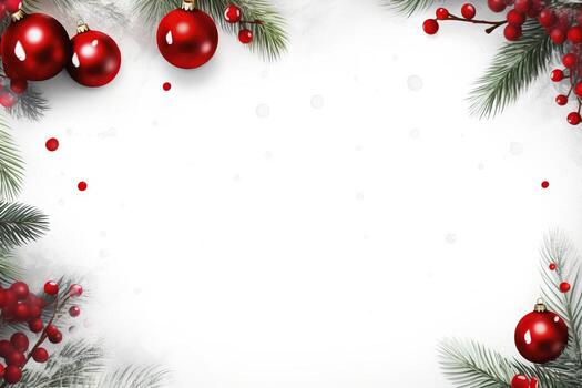 AI generated Fir tree branches with red christmas balls frame photo