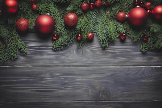 ai generado abeto árbol ramas con rojo Navidad pelotas marco foto