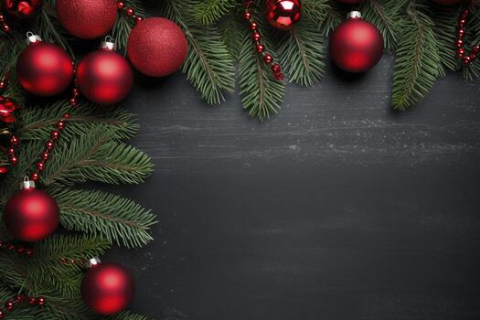 AI generated Fir tree branches with red christmas balls frame photo