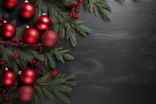 AI generated Fir tree branches with red christmas balls frame photo