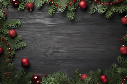 AI generated Fir tree branches with red christmas balls frame photo
