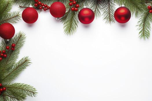 AI generated Fir tree branches with red christmas balls frame photo