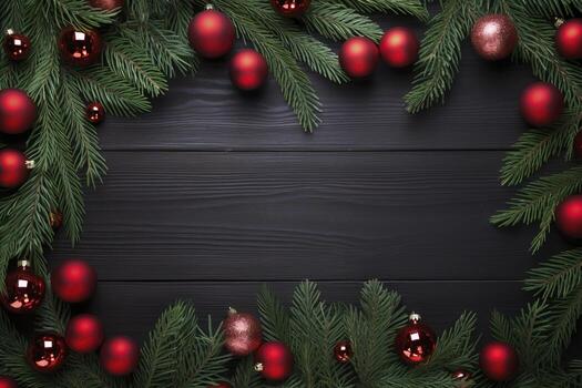 AI generated Fir tree branches with red christmas balls frame photo