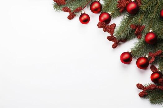 AI generated Fir tree branches with red christmas balls frame photo