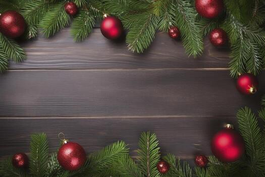 AI generated Fir tree branches with red christmas balls frame photo