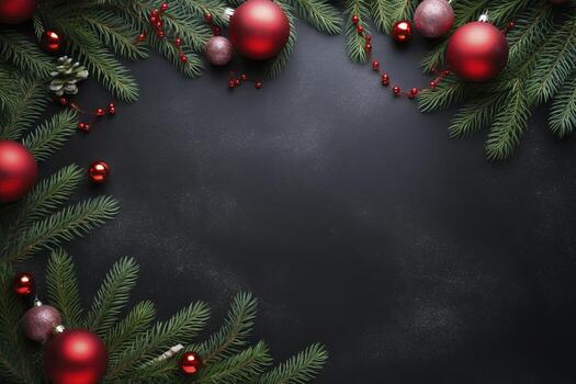 AI generated Fir tree branches with red christmas balls frame photo