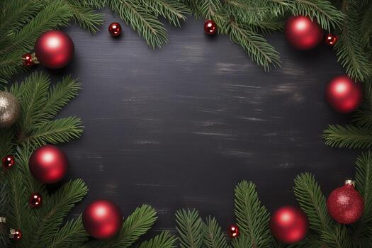 AI generated Fir tree branches with red christmas balls frame photo