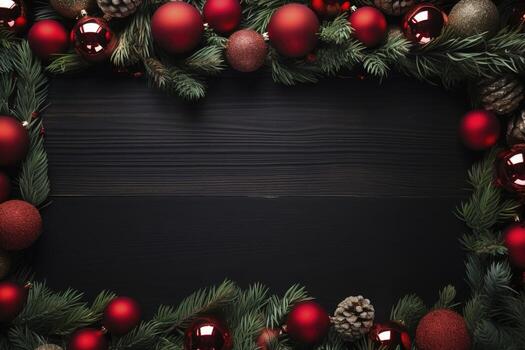 AI generated Fir tree branches with red christmas balls frame photo