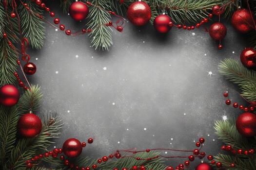 AI generated Fir tree branches with red christmas balls frame photo