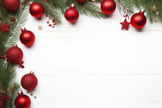 AI generated Fir tree branches with red christmas balls frame photo
