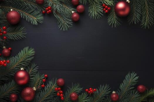 AI generated Fir tree branches with red christmas balls frame photo
