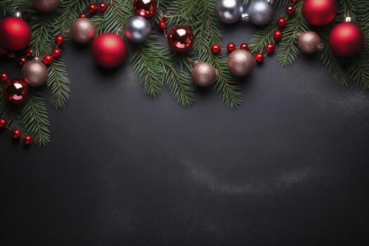 AI generated Fir tree branches with red christmas balls frame photo
