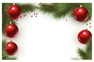 AI generated Fir tree branches with red christmas balls frame photo
