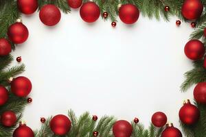 AI generated Fir tree branches with red christmas balls frame photo