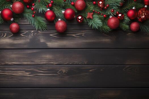 AI generated Fir tree branches with red christmas balls frame photo