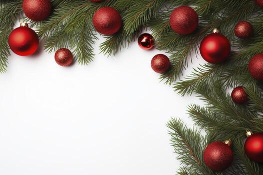AI generated Fir tree branches with red christmas balls frame photo