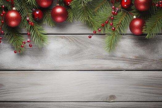 AI generated Fir tree branches with red christmas balls frame photo