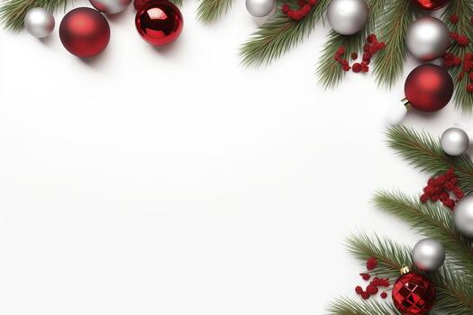 AI generated Fir tree branches with red christmas balls frame photo