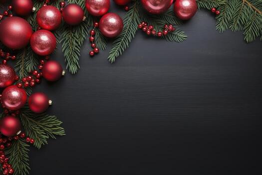 AI generated Fir tree branches with red christmas balls frame photo