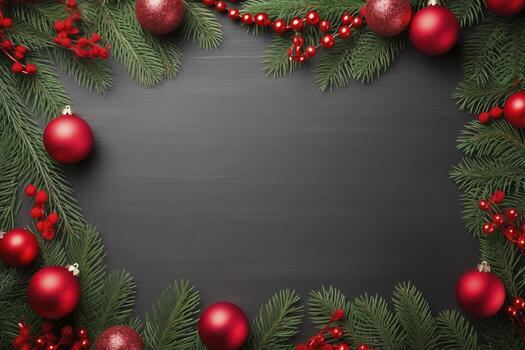 AI generated Fir tree branches with red christmas balls frame photo