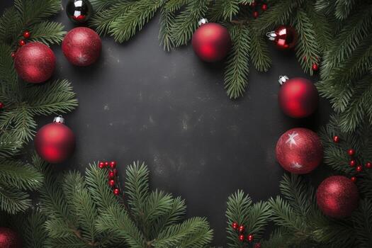 AI generated Fir tree branches with red christmas balls frame photo