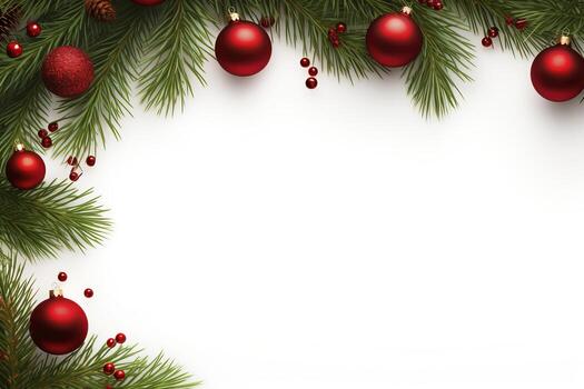 AI generated Fir tree branches with red christmas balls frame photo